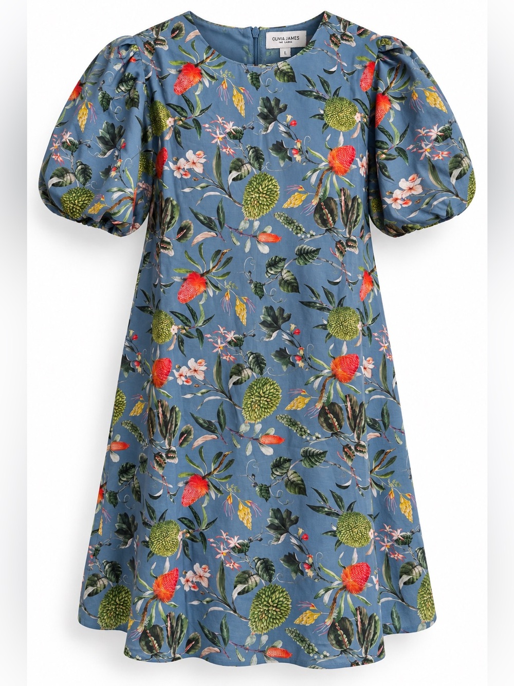 Olivia James Blue Floral Puff-Sleeve Mini Dress L